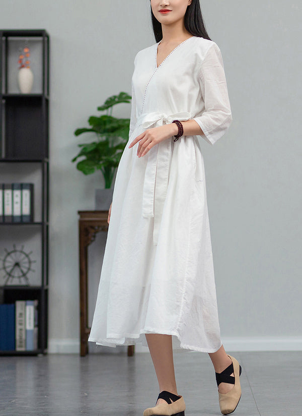 2022 Summer NEW! Women Loose Linen and Cotton V-Necked Middle Sleeve Maxi Dress