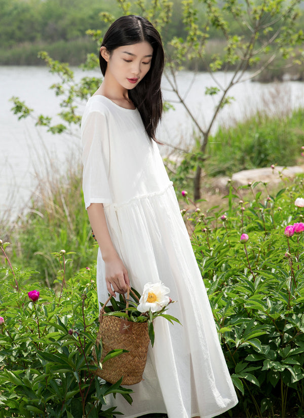 2022 Summer NEW! Women Loose Linen and Cotton Round Neck Middle Sleeve Maxi Dress