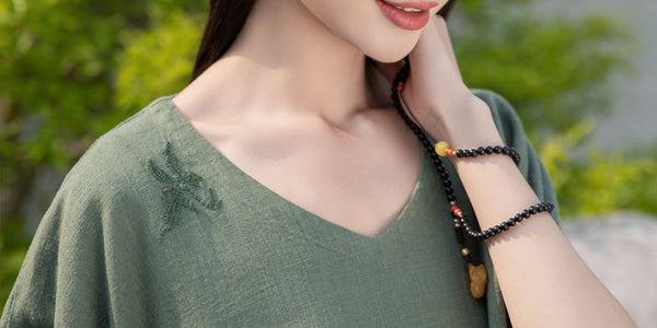 2022 Summer NEW! Women Retro Style Linen and Cotton V-Necked Short Sleeves Shirt