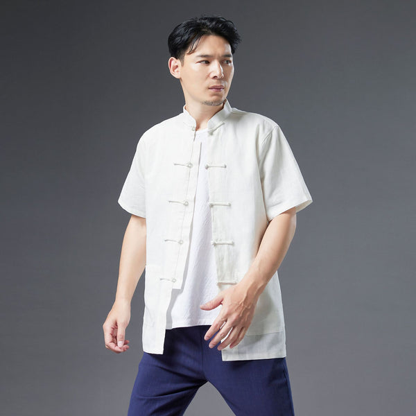 Men Retro Style Linen and Cotton Short Sleeve Pure Color Cardigan Shirts