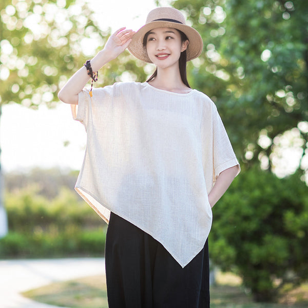 2022 Summer NEW! Women Modern Style Linen and Cotton Round Necked Mid-length Sleeves Shirt