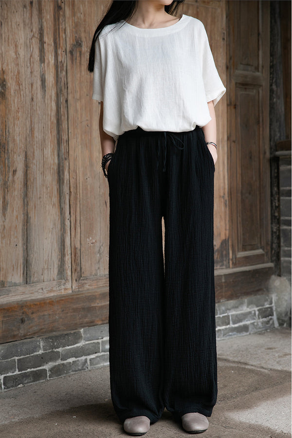 Women Retro Causal Lantern Style Linen and Cotton Wrinkle Pants