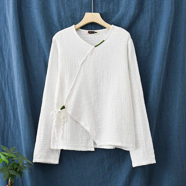 Women Zen Style Linen and Cotton Long Sleeves Side Cardigan Wrinkled Shirt