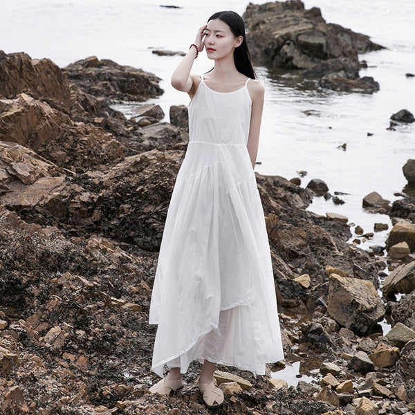 Women Loose Linen and Cotton Pure Color Slip Dress