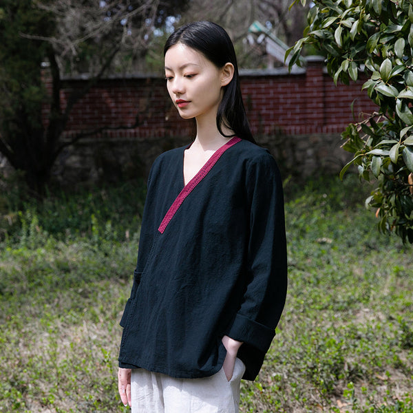 Women V-necked Zen Style Linen and Cotton Long Sleeves Cardigan Shirt