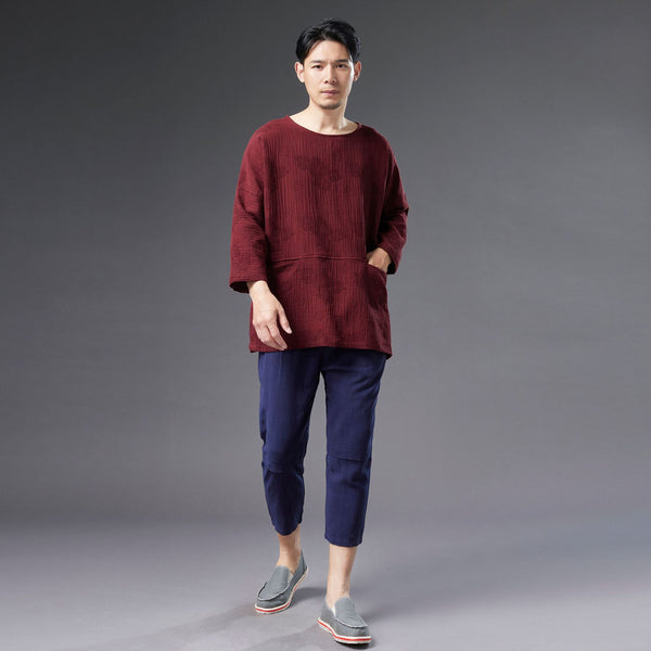 Men Causal Style Round Neck Linen and Cotton bracket 3/4 Sleeve Jacquard Tops