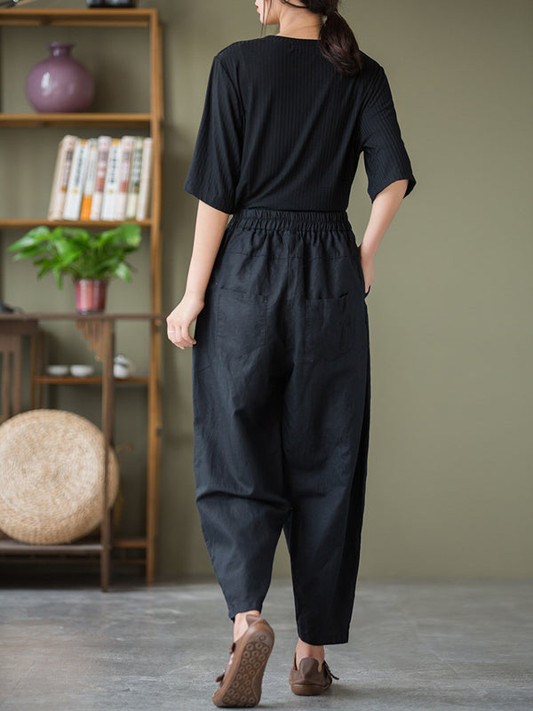 2021 Autumn NEW! Women Lantern Style Linen and Cotton Causal Patchwork Front Pocket Cropped Capris