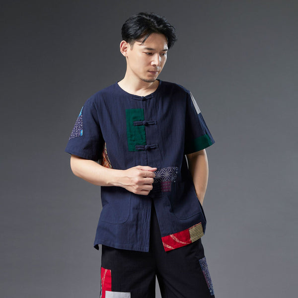 Men Retro Style Linen and Cotton Short Sleeve Patchwork Cardigan Shirts