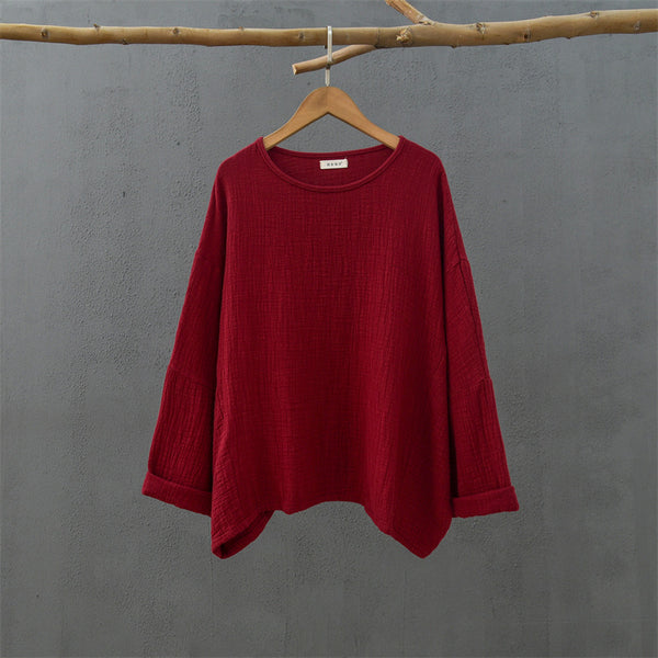 2021 Autumn NEW! Women Simple Loose Style Linen and Cotton Pure Color Round Neck T-Shirt