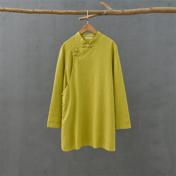 2021 Autumn NEW! Women Simple Retro Style Linen and Cotton Pure Color Top Buckle Blouse Shirt