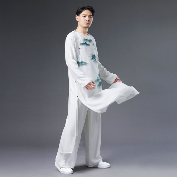 Men Classic Asian Style Linen Long Sleeve Round Neck Landscaping Printed Cheongsam