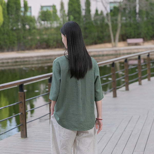 Women Linen and Cotton Middle Sleeves Cardigan Shirt