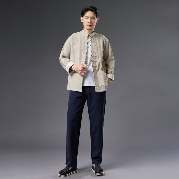 2021 Autumn NEW! Men Retro Style Linen and Cotton Long Sleeve Cardigan Thin Jacket