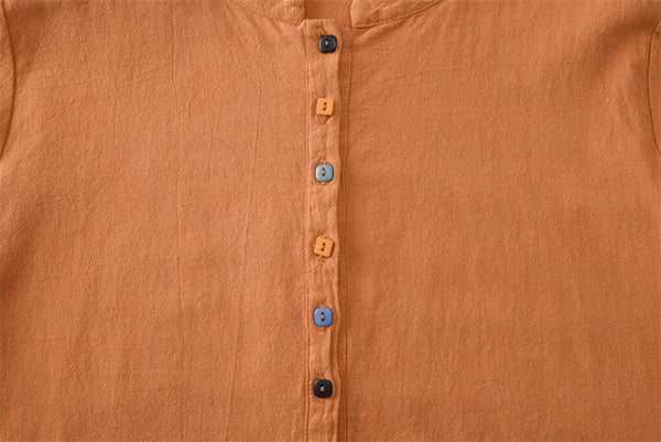 2021 Autumn NEW! Women Simple Light Style Linen and Cotton Pure Color Top Buckle Blouse Shirt