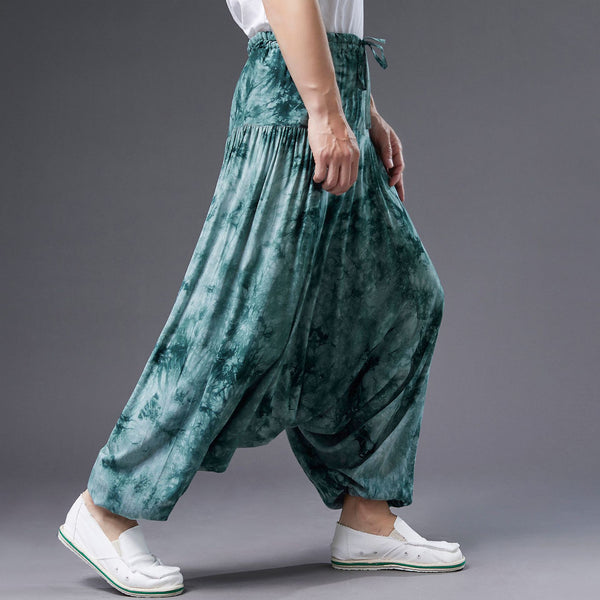 Men Retro Style Linen and Cotton Loose Dyed Color Drawstring Pants