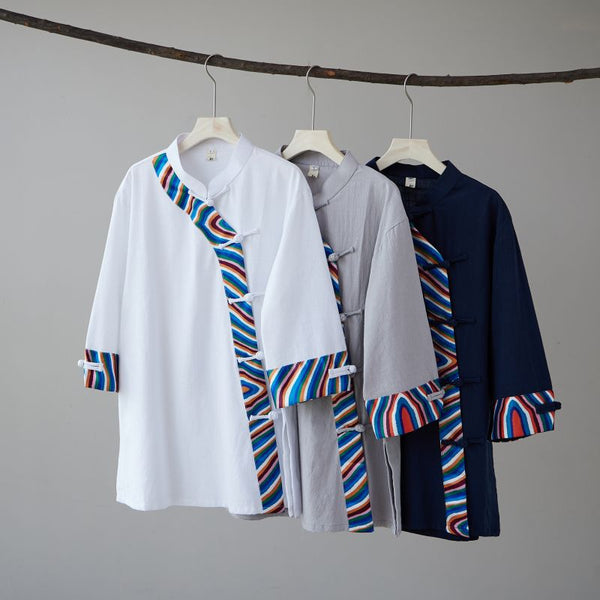 2022 Summer NEW! Men Ethnic Style Linen and Cotton Middle Sleeve Shirts