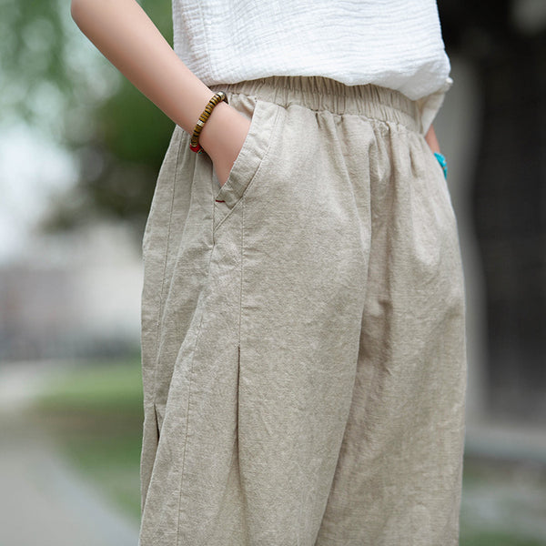 Women Linen and Cotton Causal Loose Cropped Capris
