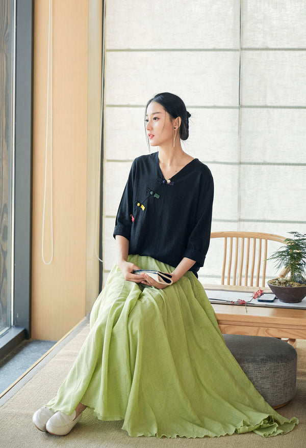 2022 Summer NEW! Women Eastern Style Linen and Cotton Mid Sleeve Shirt