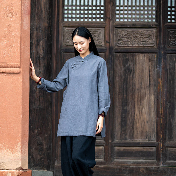 2021 Autumn NEW! Women Simple Retro Style Linen and Cotton Pure Color Top Buckle Blouse Shirt