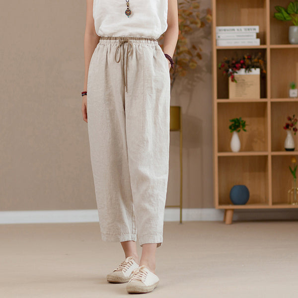 2022 Summer NEW! Women Retro Style Linen and Cotton Waist Belt Cropped Pegged Pants