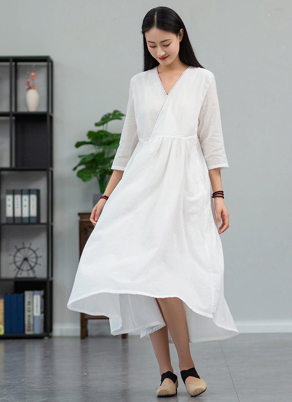 2022 Summer NEW! Women Loose Linen and Cotton V-Necked Middle Sleeve Maxi Dress