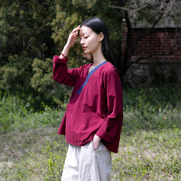 Women V-necked Zen Style Linen and Cotton Long Sleeves Cardigan Shirt