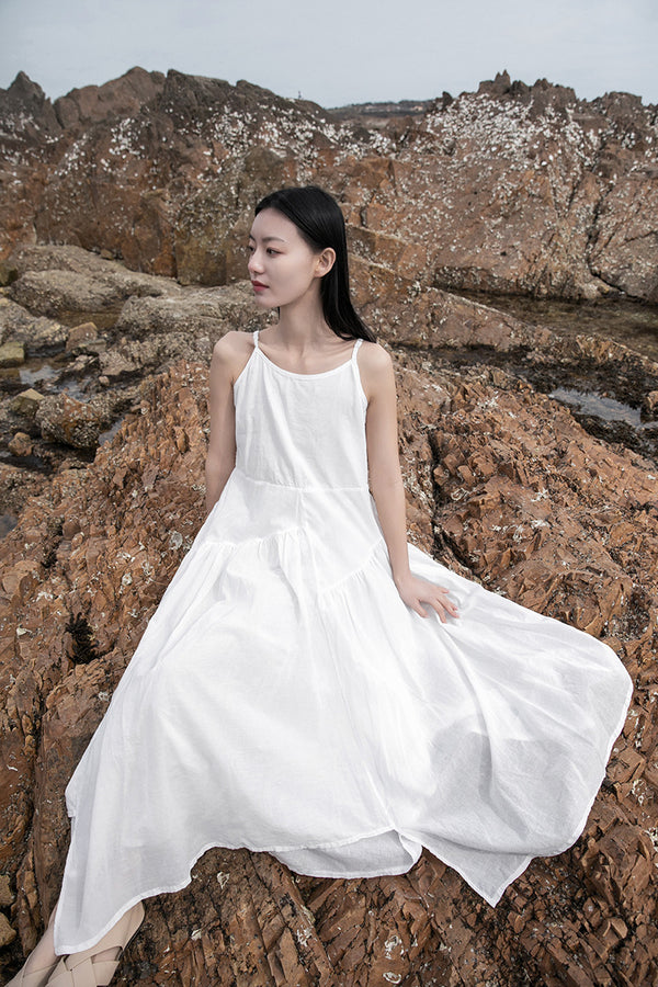 Women Loose Linen and Cotton Pure Color Slip Dress