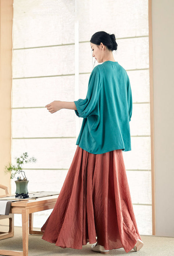 2022 Summer NEW! Women Modern Style Linen and Cotton Round Collar Mid Sleeve Shirt