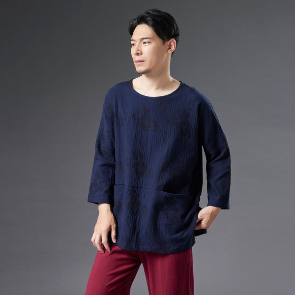 Men Causal Style Round Neck Linen and Cotton bracket 3/4 Sleeve Jacquard Tops