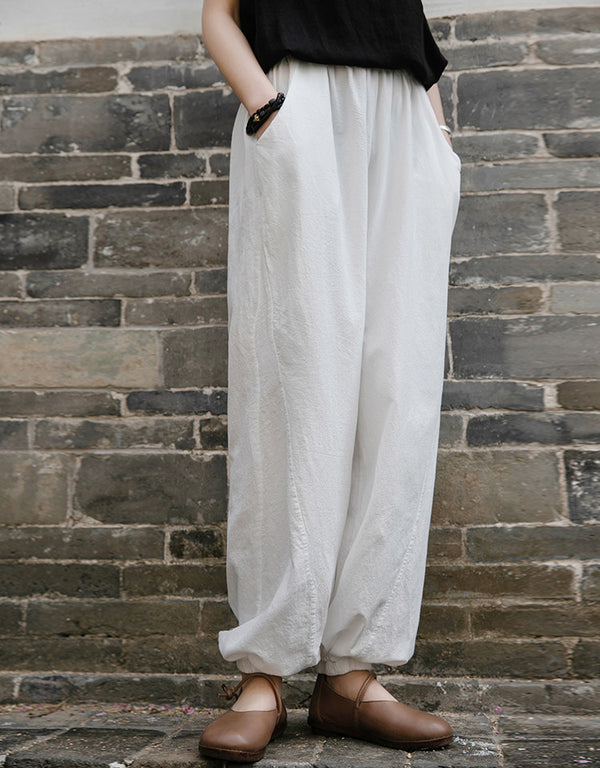 Women Retro Causal Lantern Style Linen and Cotton Patchwork Pants