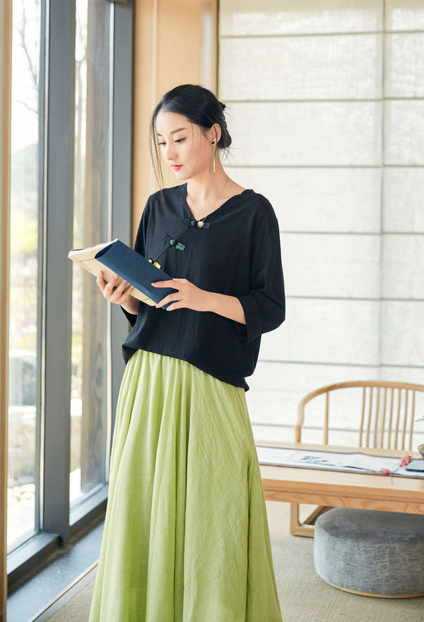 2022 Summer NEW! Women Eastern Style Linen and Cotton Mid Sleeve Shirt