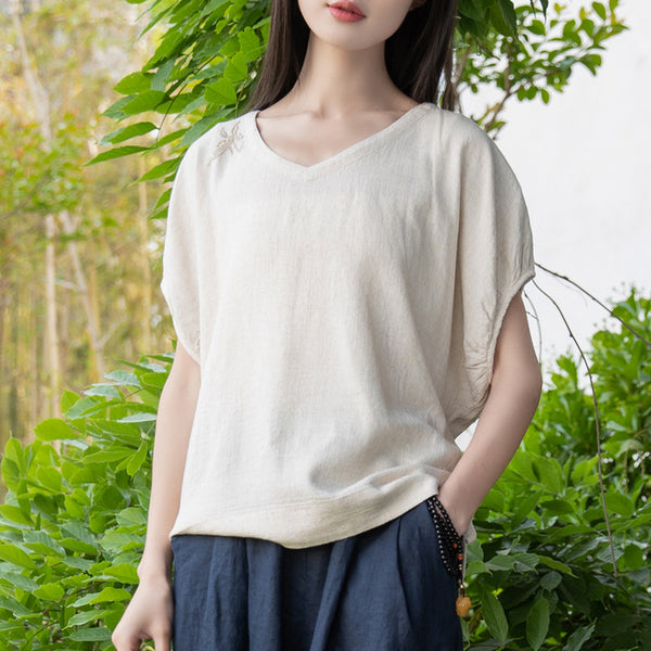2022 Summer NEW! Women Retro Style Linen and Cotton V-Necked Short Sleeves Shirt
