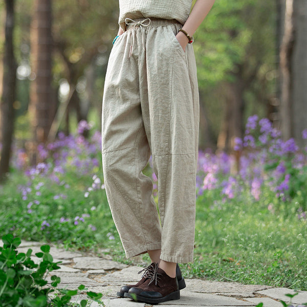 Women Linen and Cotton Causal Loose Cropped Drawstring Capris