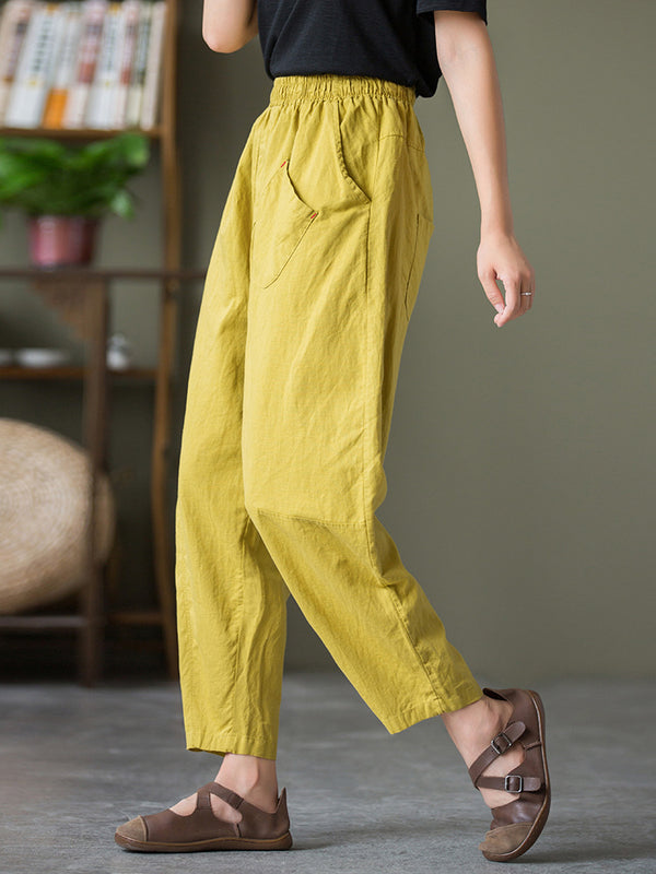 2021 Autumn NEW! Women Lantern Style Linen and Cotton Causal Patchwork Front Pocket Cropped Capris