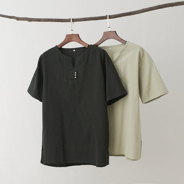 Men Causal Round Neck Style Linen and Cotton Short Sleeve Tops