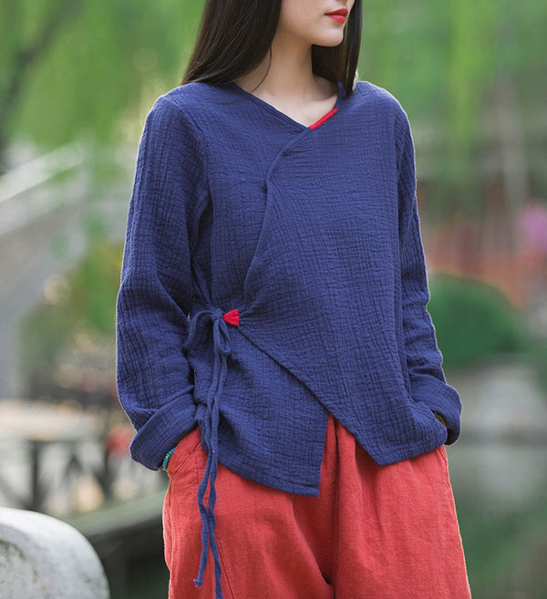 Women Zen Style Linen and Cotton Long Sleeves Side Cardigan Wrinkled Shirt