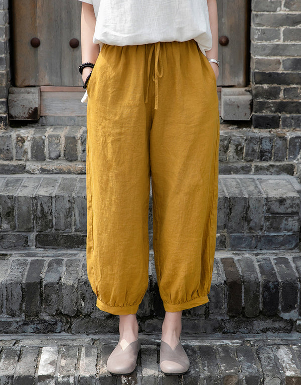 Women Lantern Style Linen and Cotton Lantern Cropped Pants