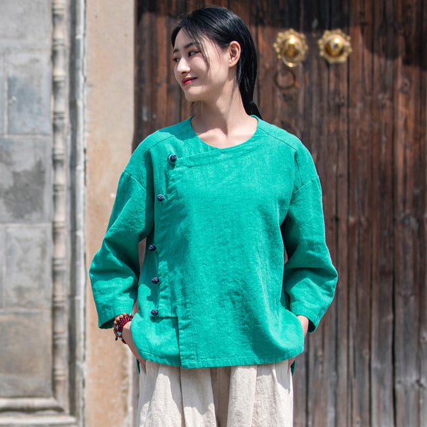 2022 Summer NEW! Women Chinese Ethnic Style Wrinkled Linen and Cotton Bracelet Sleeves Shirt