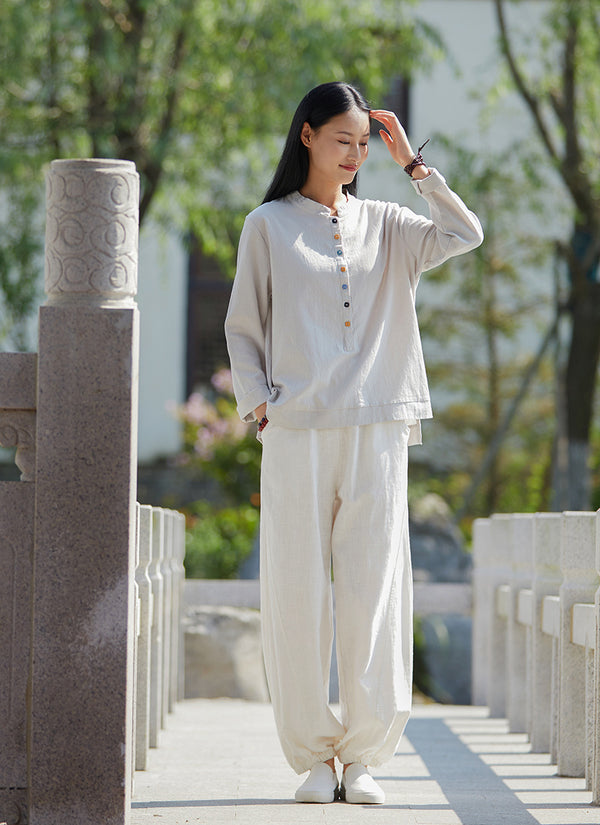 2021 Autumn NEW! Women Simple Light Style Linen and Cotton Pure Color Top Buckle Blouse Shirt