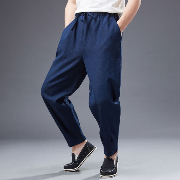 2022 Summer NEW! Men Causal Style Linen and Cotton Drawstring Small Leg Pants
