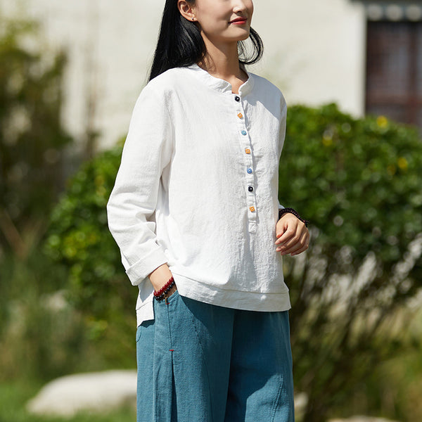 2021 Autumn NEW! Women Simple Light Style Linen and Cotton Pure Color Top Buckle Blouse Shirt