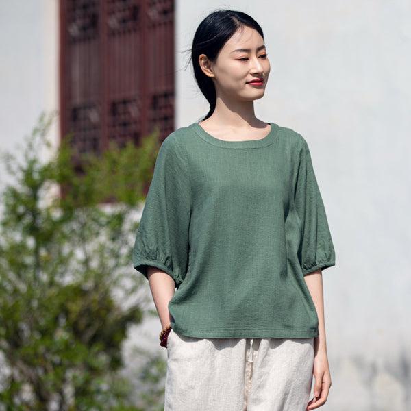 2022 Summer NEW! Women Simple Style Wrinkled Linen and Cotton Middle Sleeves Shirt