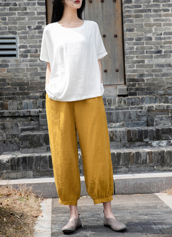 Women Lantern Style Linen and Cotton Lantern Cropped Pants