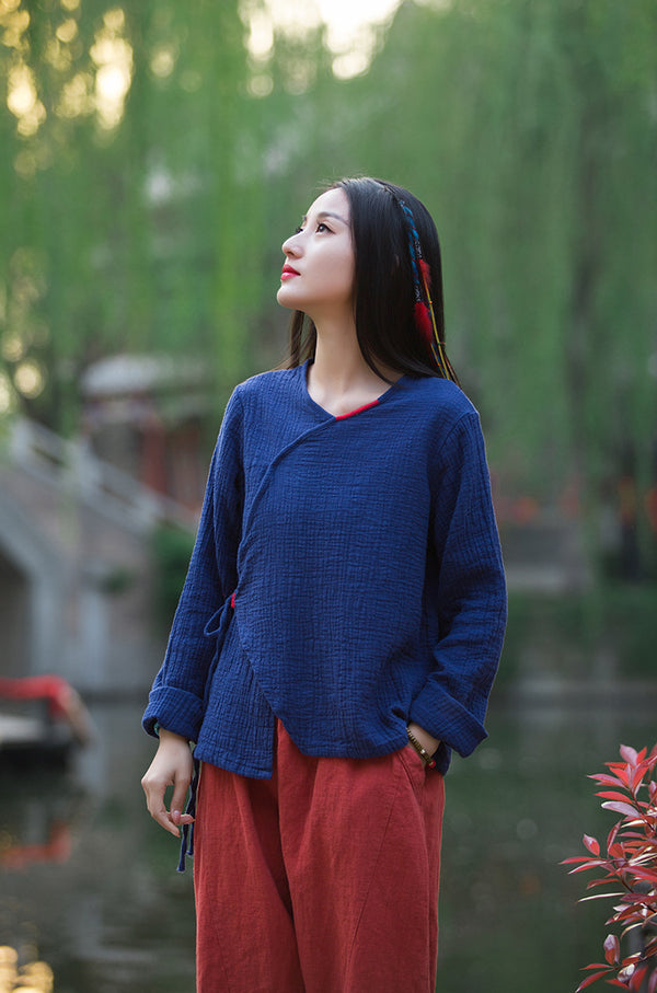 Women Zen Style Linen and Cotton Long Sleeves Side Cardigan Wrinkled Shirt