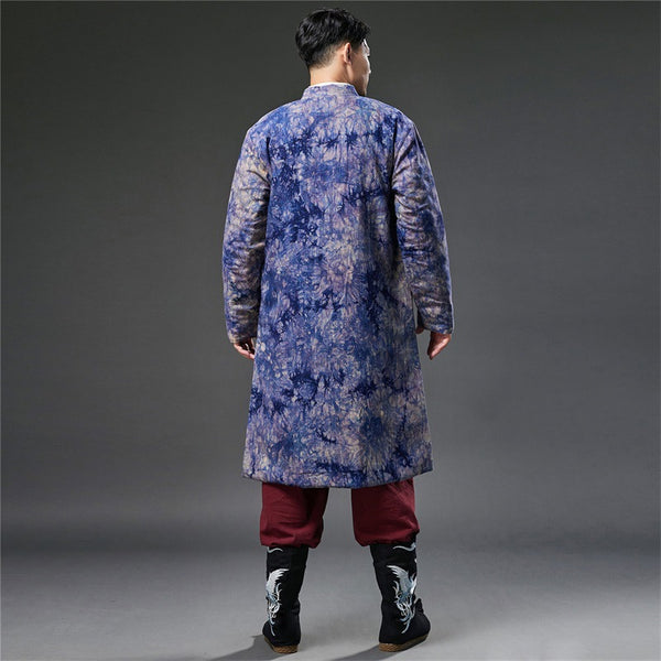 2021 Winter NEW! Men Retro Blue Dyed Linen and Cotton Quilted Tunic Type Coat