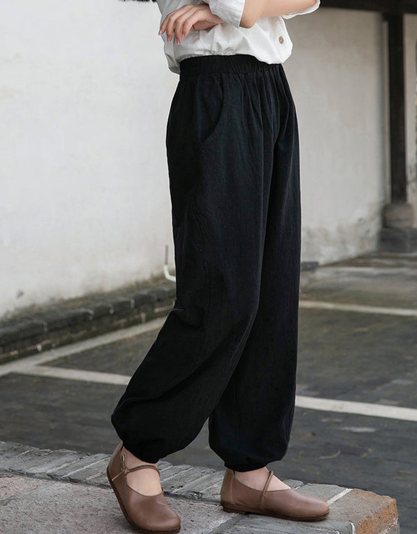 Women Retro Causal Lantern Style Linen and Cotton Patchwork Pants