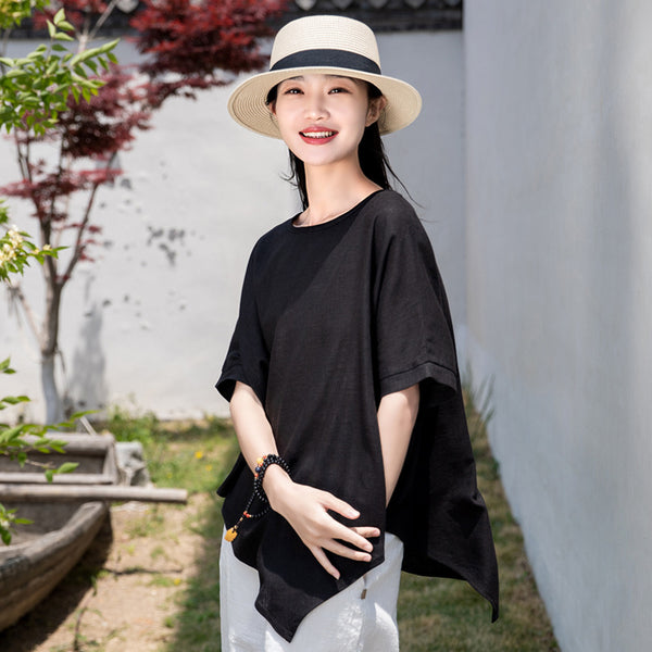 2022 Summer NEW! Women Modern Style Linen and Cotton Round Necked Mid-length Sleeves Shirt