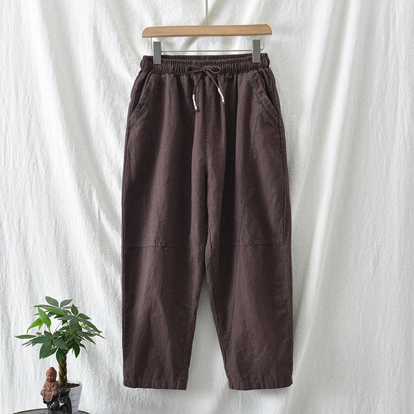 Women Linen and Cotton Causal Loose Cropped Drawstring Capris