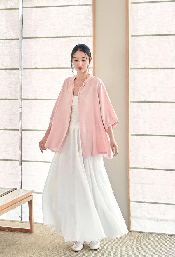 2022 Summer NEW! Women Modern Style Linen and Cotton Round Collar Mid Sleeve Shirt