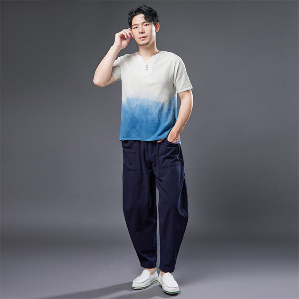 2022 Summer NEW! Men Natural Dyed Linen and Cotton Short Sleeve T-Shirts